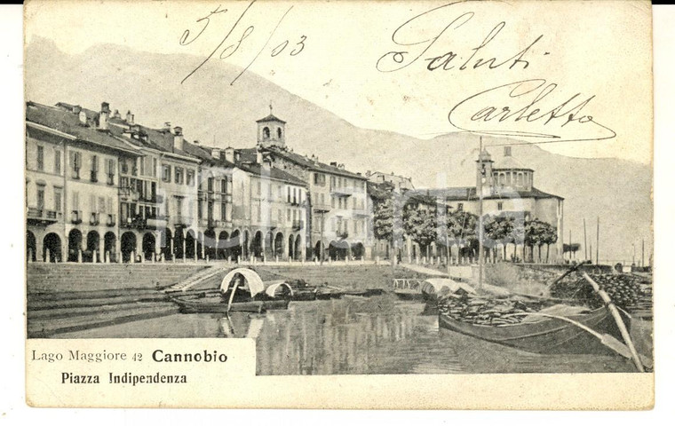 1903 CANNOBIO (VB) Piazza INDIPENDENZA - Lago MAGGIORE *Cartolina ILLUSTRATA FP