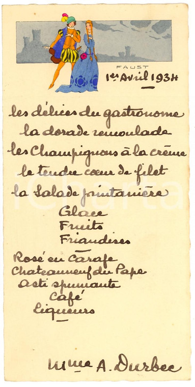 1934 Pranzo M.me André DURBEC Menù illustrato con cavaliere