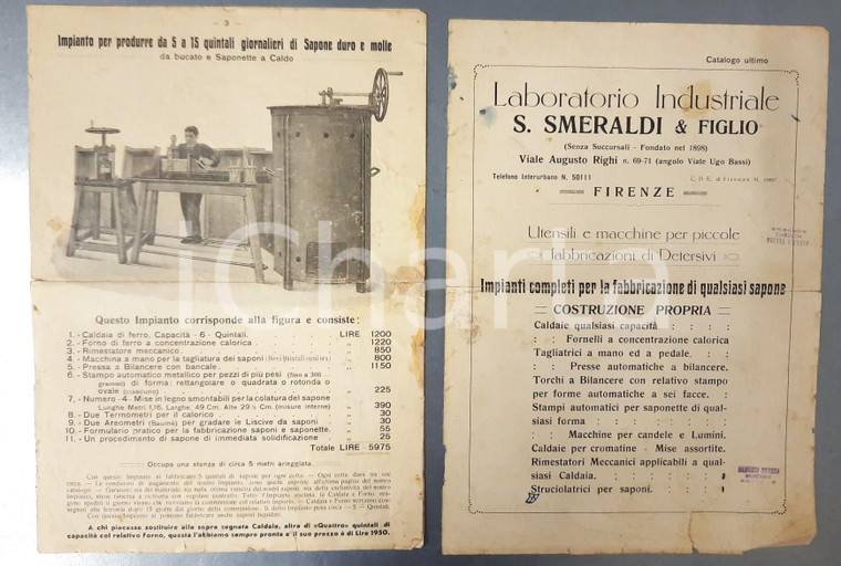 1930 ca FIRENZE Laboratorio S.SMERALDI Impianti sapone Pubblicitario DANNEGGIATO