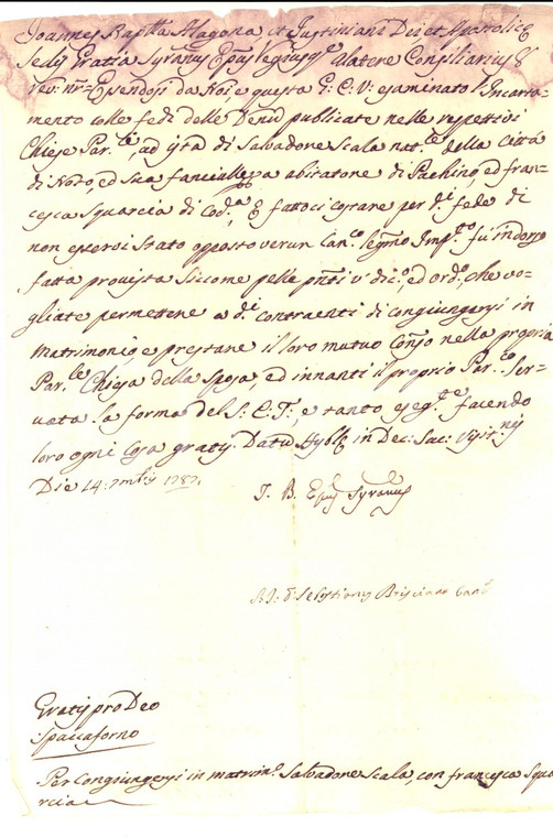 1787 NOTO (SR) Nulla osta per le nozze di Salvatore SCALA e Francesca SQUARCIA