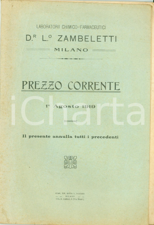 1919 MILANO Laboratorii farmaceutici ZAMBELETTI Listino prezzi correnti