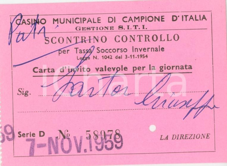 1959 CAMPIONE D'ITALIA Casino Municipale Scontrino tassa soccorso invernale