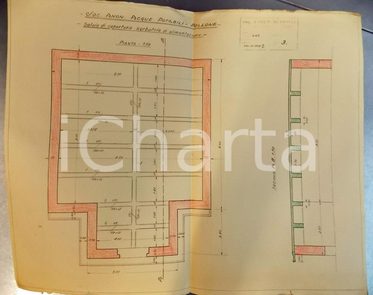 1928 POLLONE Società Anonima ACQUE POTABILI Planimetria solaio del serbatoio