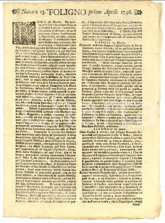 1746 Giornale di FOLIGNO n. 13 Confraternita de' Sacconi contro la bestemmia