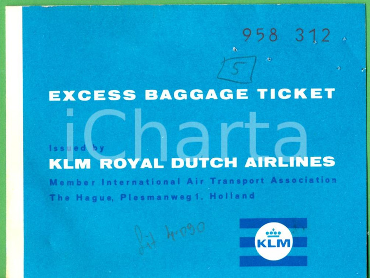 1966 KLM Excess baggage ticket Amsterdam-Rome
