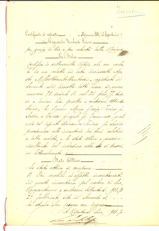 1886 SORRENTO (NA) Inventario dei beni del defunto Domenico IOVINO *Manoscritto