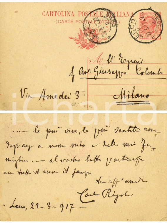 1917 LECCO Condoglianze di Carlo RIGOLA all'avv. Giuseppe COLOMBO *Cartolina