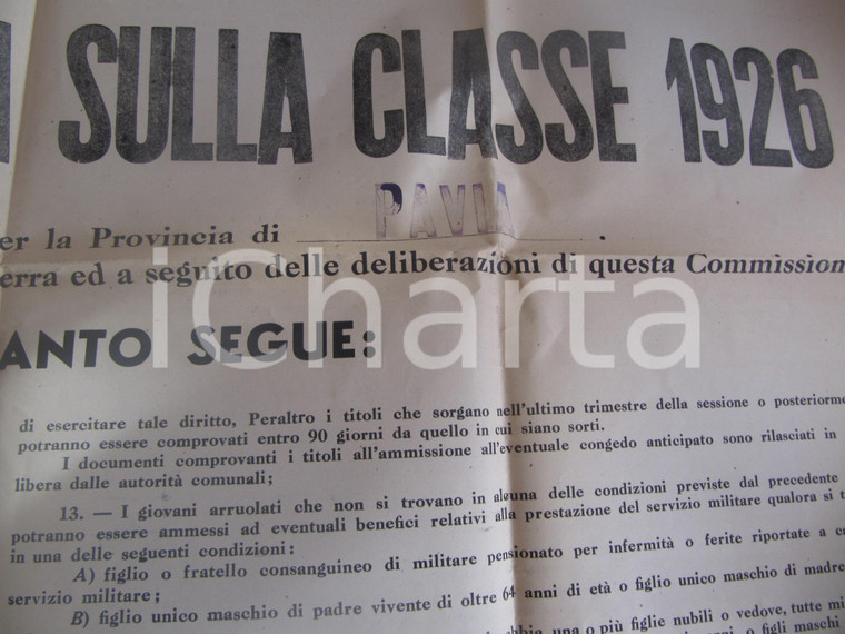 1946 PAVIA Ordine per la leva sulla classe 1926 Manifesto 80x120