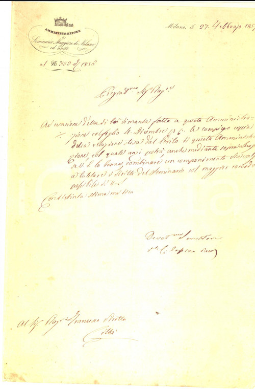 1857 MILANO Lettera SEMINARIO MAGGIORE a Franco PIROTTA per accordo amichevole