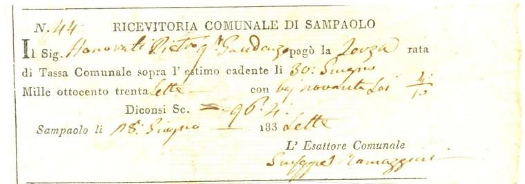 1837 SAN PAOLO DI JESI (AN) Pietro HONORATI paga tassa comunale *Documento