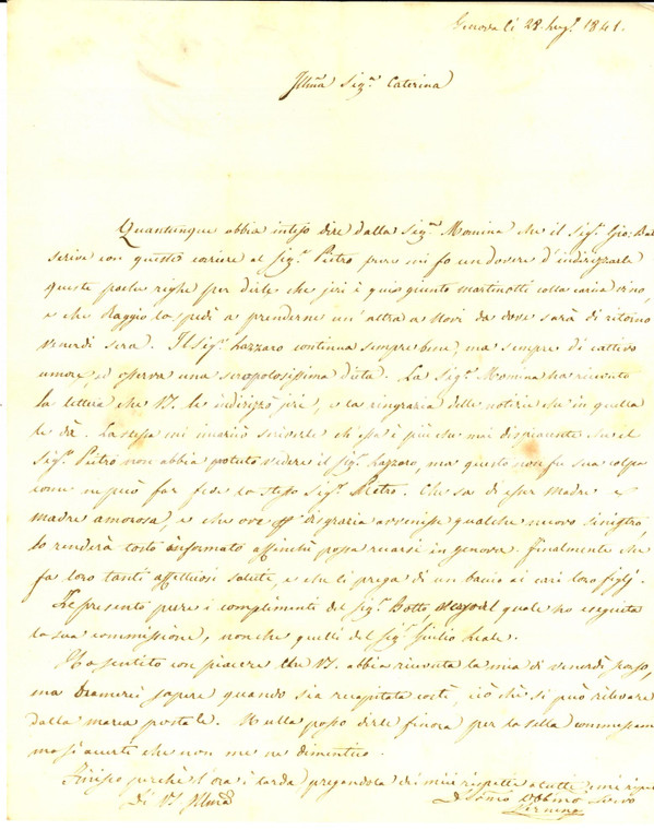 1841 GENOVA Notizie a Caterina NEGROTTO CAMBIASO sul figlio Lazzaro Maria