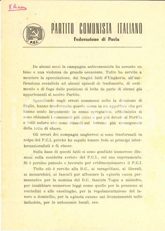 1957 PAVIA E' falsa la crisi elettorale PCI contro DC