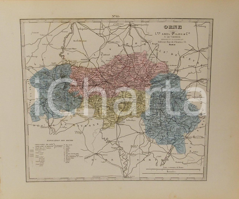 1870 ca Grand Atlas Départemental de la France - Orne *Ed. PILON Tav. 65 Mappa