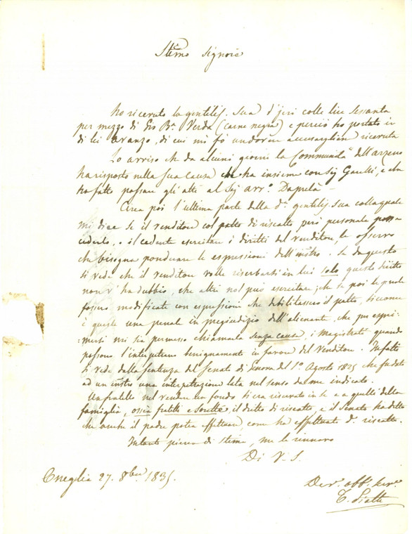 1835 ONEGLIA (IM) Lite Comunità ARZENO passa all'avvocato Filippo DAPRELA'