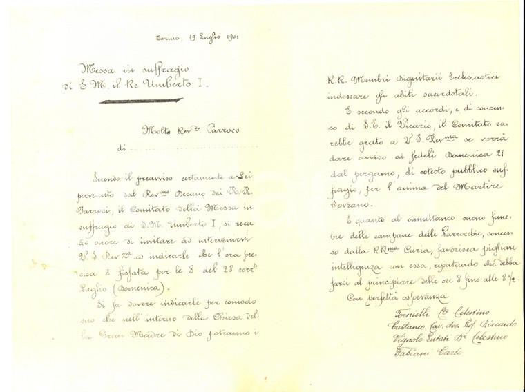 1901 TORINO Messa in suffragio per l'anima del re Umberto I *Lettera ai parroci