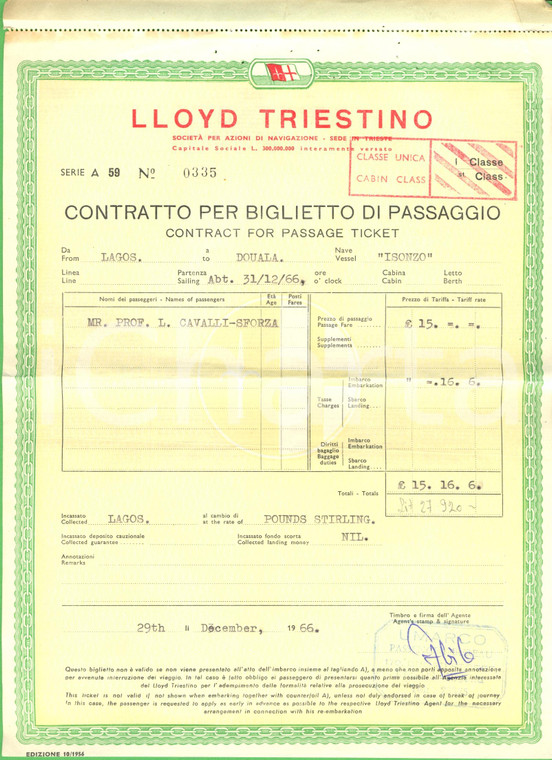 1966 LLOYD TRIESTINO MOTONAVE ISONZO Biglietto Lagos-Douala