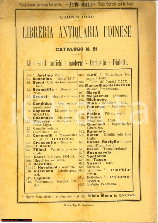 1900 Udine CATALOGO LIBRERIA ANTIQUARIA UDINESE