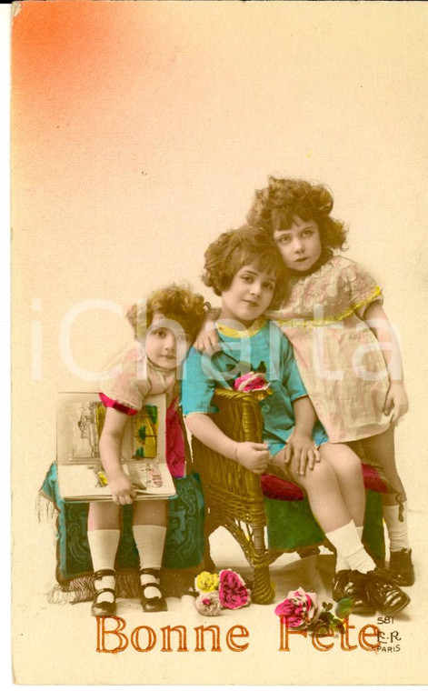 1924 BAMBINI Tre piccole amiche *Cartolina colorata augurale VINTAGE FP