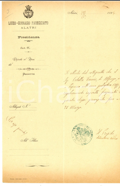 1898 ALATRI (FR) Regio Ginnasio - Attestato di frequenza per  Ennio COLETTA 