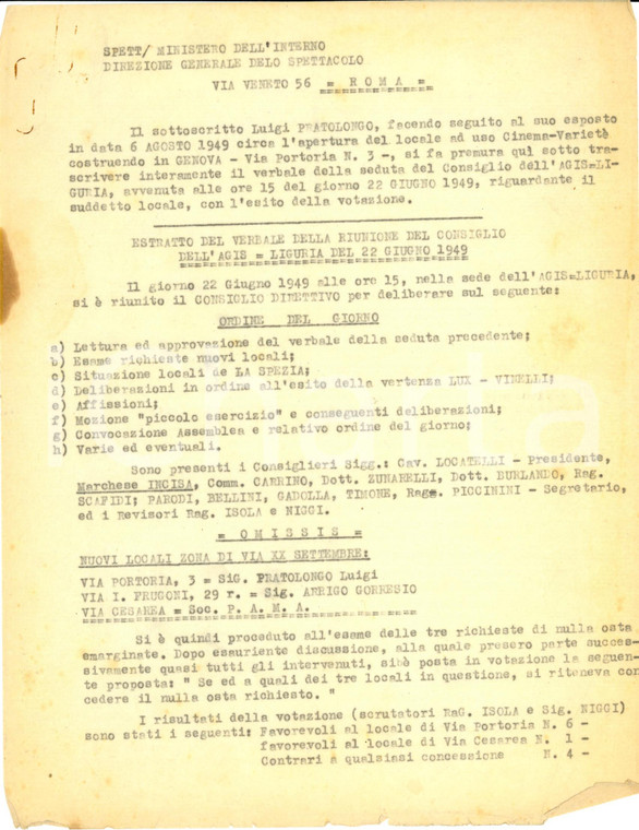1949 GENOVA PORTORIA Nulla osta AGIS per Luigi PRATOLONGO titolare nuovo cinema