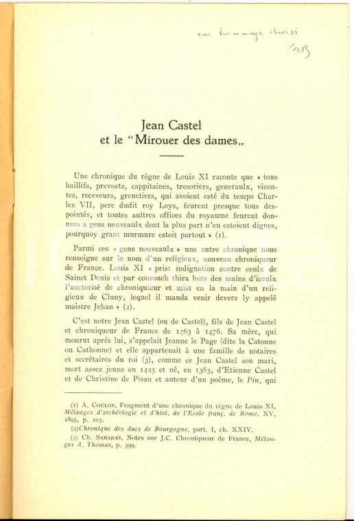 1956 Giuseppe Antonio BRUNELLI Jean Castel et le "Mirouer des dames" AUTOGRAFO