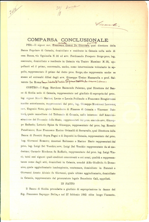 1896 CATANIA Banca Popolare di CATANIA vs Banco di SICILIA per asta fondo BELLIA