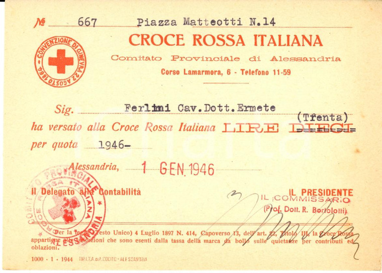 1946 ALESSANDRIA CROCE ROSSA ITALIANA Ricevuta per quota Ermete FERLINI