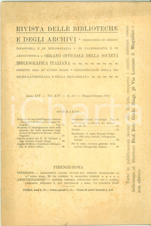 1903 RIVISTA BIBLIOTECHE ARCHIVI Giulio COGGIOLA Reintegrazione fondi farnesiani