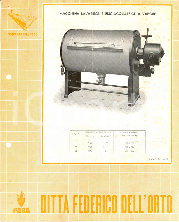 1955 ca MILANO Ditta Federico DELL'ORTO Lavatrice e risciacquatrice a vapore