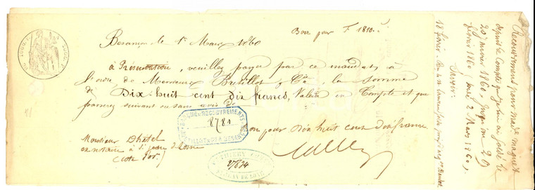 1860 BESANCON Cambiale all'ordine di M. THIERY presso banca BRETILLOT & CIE 
