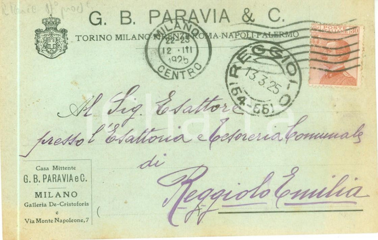 1925 TORINO Editore G.B. PARAVIA *Cartolina cedola editoriale FP VG