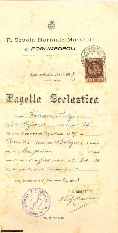 1906 VALFREDO CARDUCCI Pagella con autografo