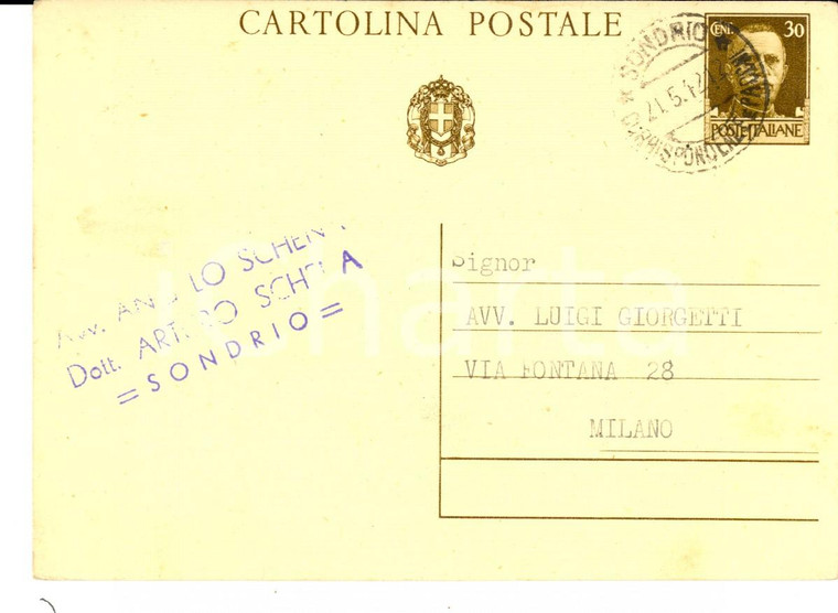 1942 SONDRIO Avvocato Angelo SCHENA - Cartolina intestata per causa