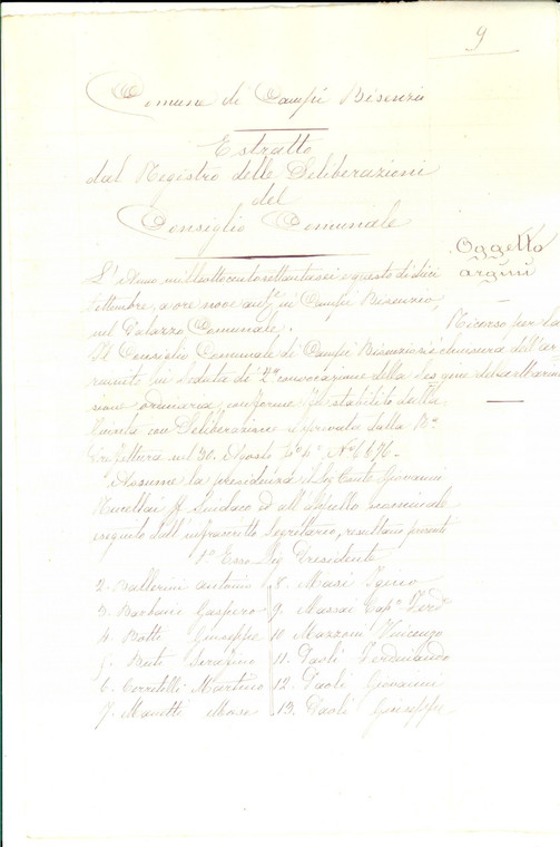 1876 CAMPI BISENZIO Consiglio Comunale su chiusura passaggio TORRENTE MARINA