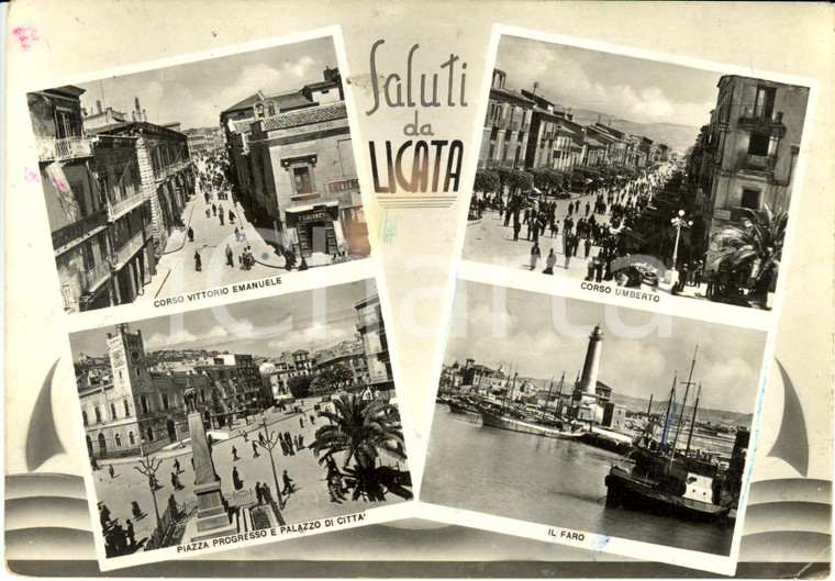 1955 ca LICATA (AG) Vedutine con piazza PROGRESSO faro *Cartolina ANIMATA FG VG