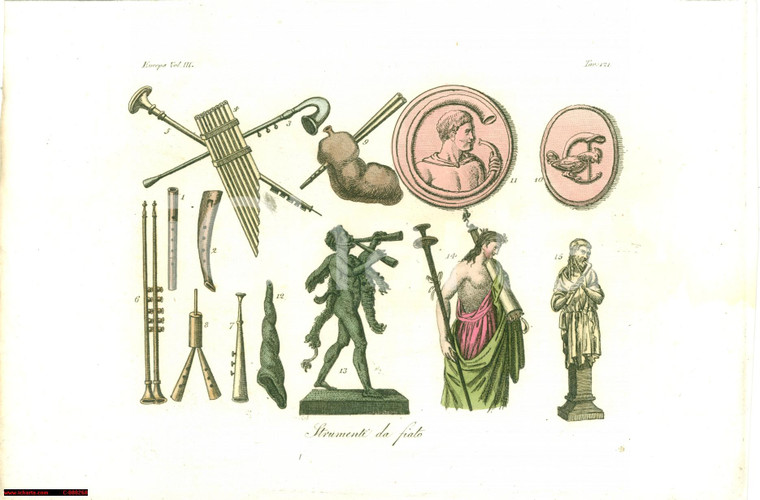 1823 ANTICA GRECIA Strumenti a fiato con satiro STAMPA