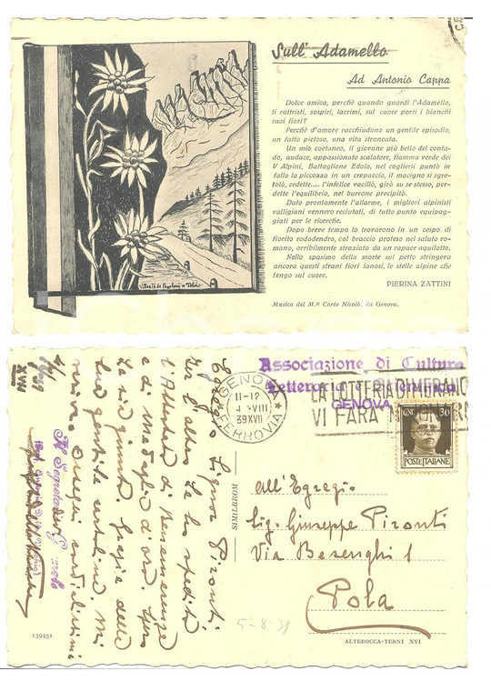 1939 GENOVA Associazione di Cultura a Giuseppe PIRONTI