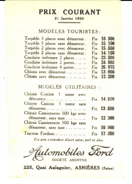 1926 ASNIERES (F) Listino prezzi FORD automobili *Cartoncino pubblicitario