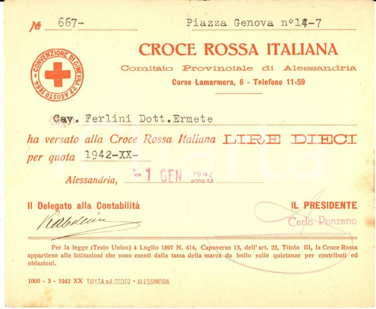 1942 WW2 ALESSANDRIA CROCE ROSSA ITALIANA Ricevuta per quota Ermete FERLINI