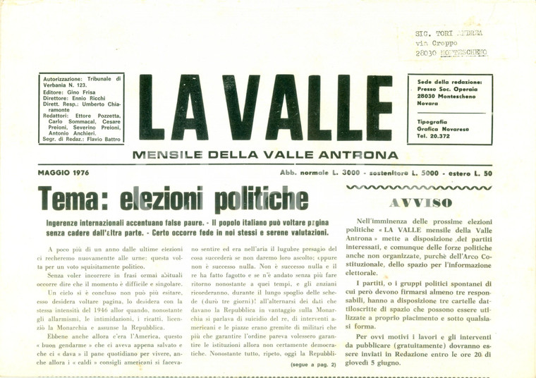 1976 Mensile LA VALLE ANTRONA Rifiuti sparsi in Val D'OSSOLA *Giornale