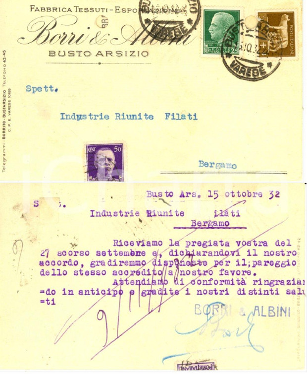 1932 BUSTO ARSIZIO (VA) Fabbrica Tessuti BORRI & ALBINI *Cartolina intestata FP
