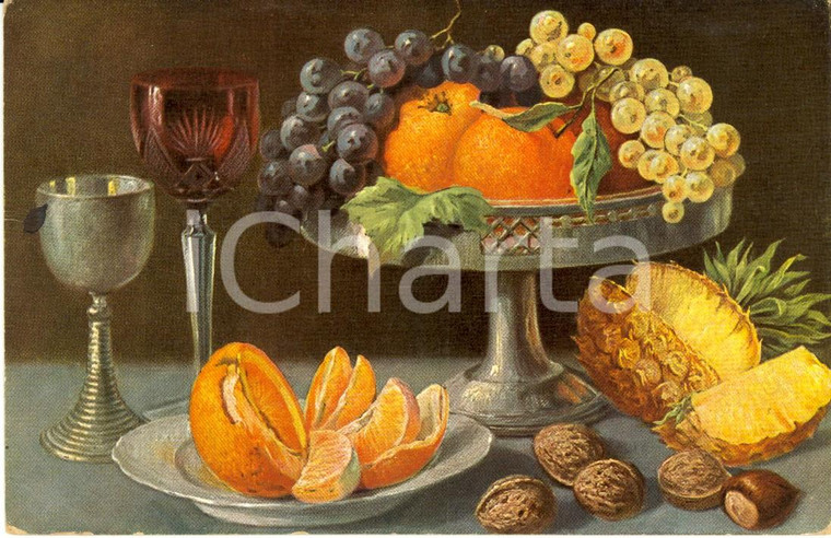 1930 ca ARTE Natura morta con frutta e piatti *Cartolina postale ILLUSTRATA FP