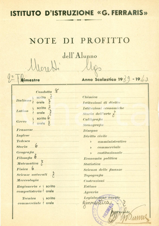 1939 MILANO Istituto Istruzione Galileo FERRARIS Pagellina Ugo MORETTI