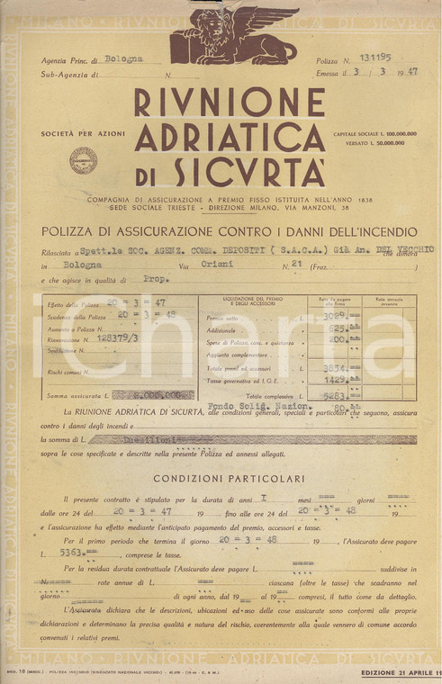 1947 BOLOGNA Riunione Adriatica di Sicurtà Polizza contro danni incendio