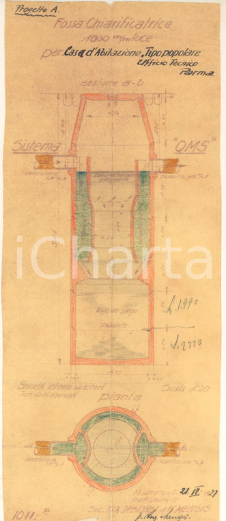 1927 MILANO Ditta DE GIORGI MENGIS Progetto fossa chiarificatrice case popolari