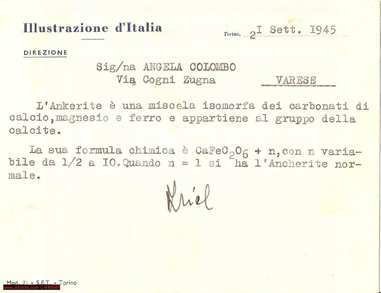 1945 VARESE Illustrazione d'ITALIA formula ANKERITE