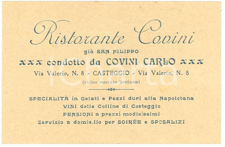 1920 CASTEGGIO Ristorante Carlo COVINI Biglietto