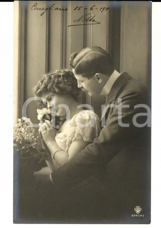 1911 CONEGLIANO Innamorati con mazzo di fiori *Cartolina ing. Benedetto BONELLI