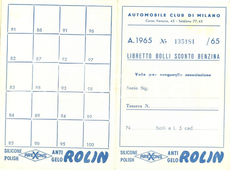 1965 MILANO AUTOMOBILE CLUB Libretto bolli sconto benzina antigelo ROLLIN