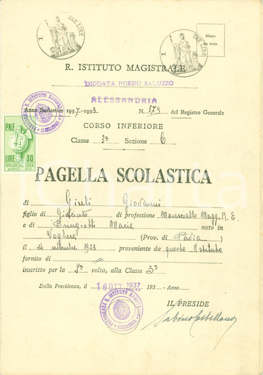 1937 ALESSANDRIA Pagella Giovanni GIULI Scuola SALUZZO